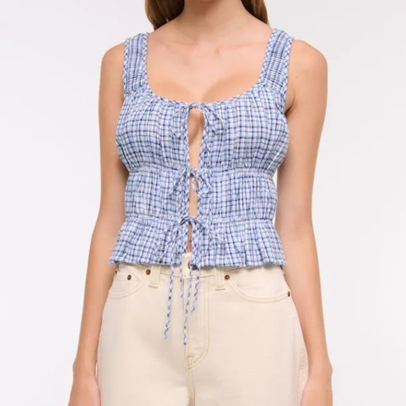 Abercrombie & Fitch Linen Blend Ruffle Cropped Ruched Tie Front Tank Top Medium